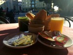 Desayuno Mexicano in Oaxaca - scrambled eggs, juices, coffees, bread, butter and a selection of jams. Of course, juices were fresh juices - jugo verde and jugo de naranja.