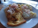 Desayuno dominicano - Mangu de plátano, queso frito, huevo frito - a traditional Dominican breakfast.