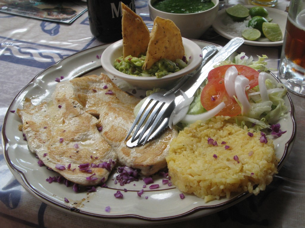 Pechuga de pollo con arroz, guacamole y ensalada.