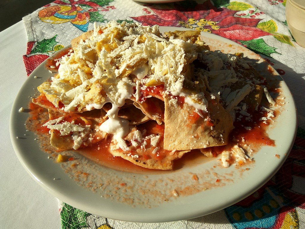 Chilaquiles rojos con pollo, crema y queso fresco.