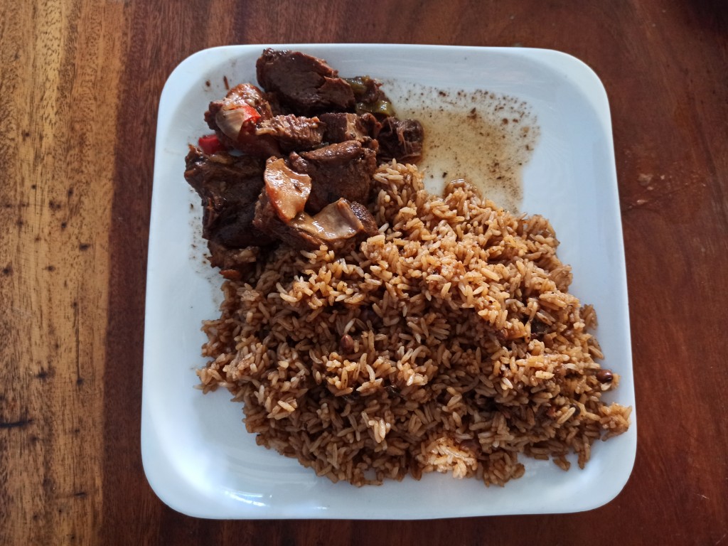 Rice - arroz moro - with stewed beef - La Bandera - plato del día, Puerto Plata, Dominican Republic