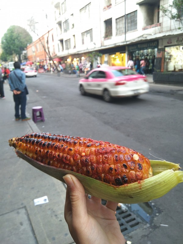 Elote - grilled corn served with lime juice, chilli and salt.