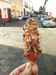 Strawberry ice creams in chocolate with dried fruits, nuts, shredded coconut and with a big strawberry at the bottom. 