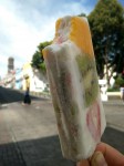 Natural yogurt ice creams with fruit slices - kiwi, mango and strawberry.