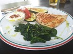 Grilled chicken breast with grilled vegetables, spinach and yoghurt sauce.