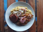 Desayuno dominicano - Mangu de plátano, salami, huevo frito - a traditional Dominican breakfast.