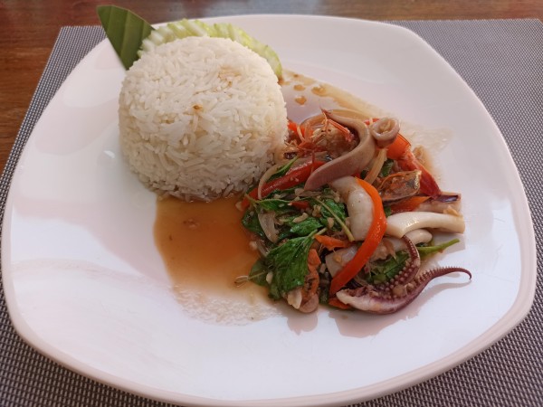 Stir-fried seafood with spicy Thai basil leaves
