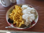 Scrambled eggs and rice for a breakfast in the Thai jungle
