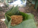 Banana leaf lunch box for a meal during the jungle trekking in Thailand - fired instant noodles with tofu and vegetables