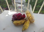 Fresh fruits - Thai pineapple in slices, purple dragon fruit in slices and bananas Fresh fruits - Thai pineapple in slices, purple dragon fruit in slices and bananas