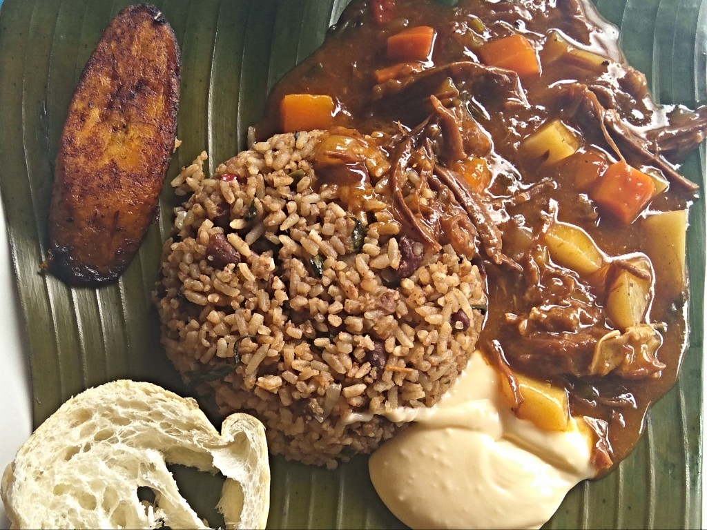 Gallo pinto with red beans served on a banana leaf - Costa Rica