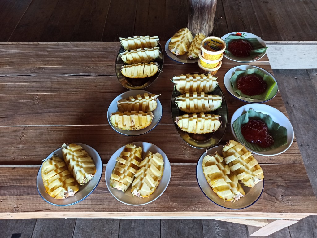 Breakfasts in the jungle during the trekking in the Thai Hill Tribe Villages - juicy pineapples, jam, butter and toasts Breakfasts in the jungle during the trekking in the Thai Hill Tribe Villages - juicy pineapples, jam, butter and toasts