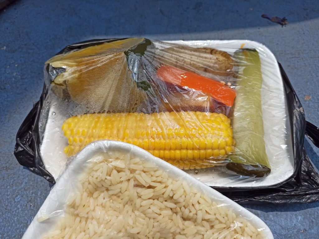 A sample menu on a 2 Days & 1 Night Acatenango and Fuego Volcano trekking tour - Boiled zucchini, pumpkin, potato, carrot and corn served with rice and bread