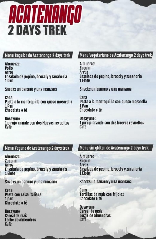 A sample menu on a 2 Days & 1 Night Acatenango and Fuego Volcano trekking tour